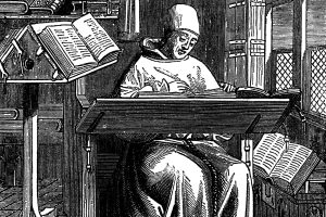 grabat d'un monjo treballant a l'scriptorium