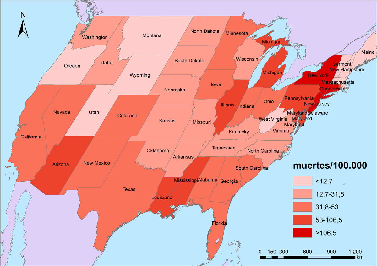 Figura 6. Mortalidad por COVID-19 en los Estados Unidos (1/9/2020).