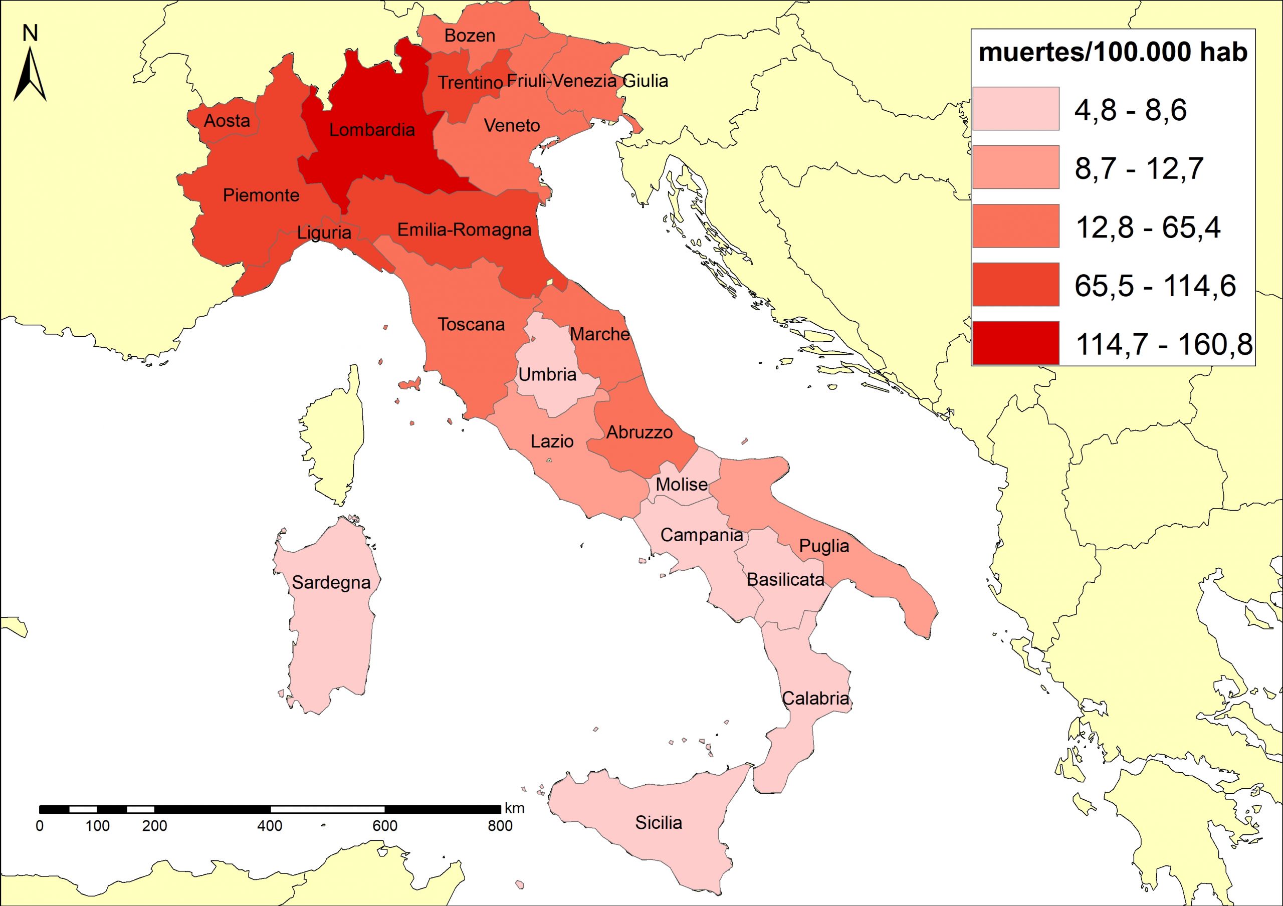 Figura 3. Mortalitat de la COVID-19 a Itàlia per regions (4/6/2020)