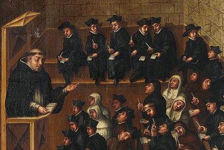Martín de Cervera. Lliçó de teologia a la Universitat de Salamanca, amb alumnes de diversos ordes religiosos, 1614. Oli, portes de l’armari del depòsit de manuscrits de la Biblioteca Universitària.