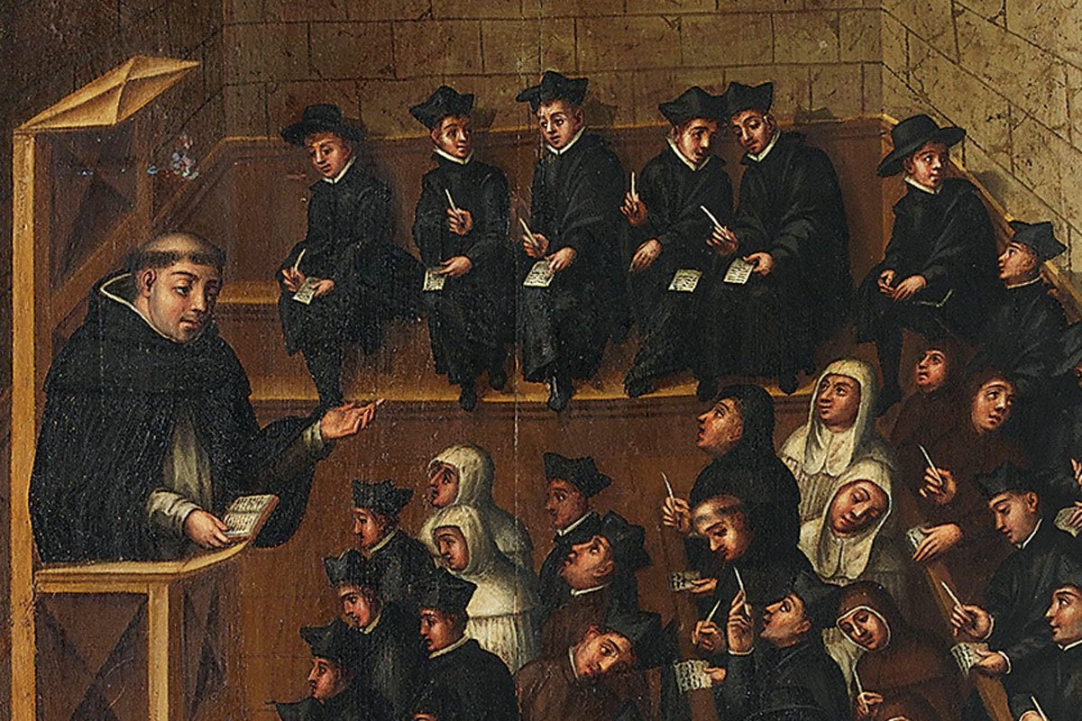 Martín de Cervera. Lliçó de teologia a la Universitat de Salamanca, amb alumnes de diversos ordes religiosos, 1614. Oli, portes de l’armari del depòsit de manuscrits de la Biblioteca Universitària.
