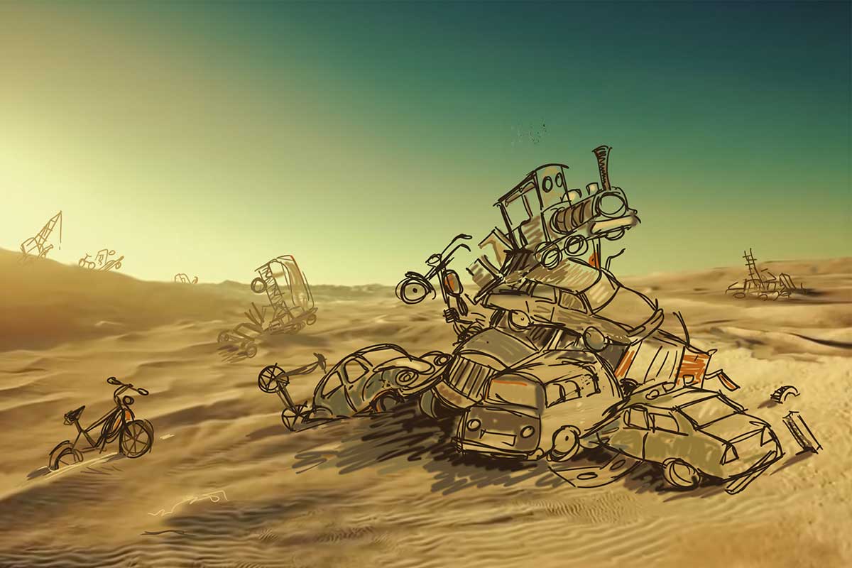 Paisaje desierto con coches apilados